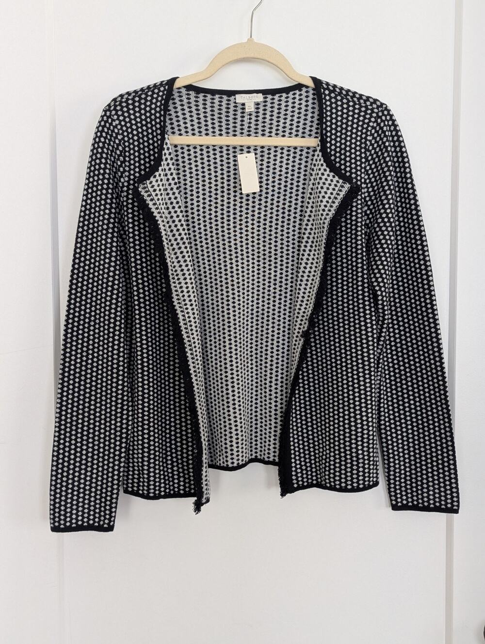 Talbots Size Mp Black White MOD Polka-Dot Fringe Front Cardigan Sweater NWT